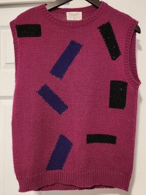 Vintage 80s Sample Geometric Knit Sweater Vest Fuchsia Mid-Mod